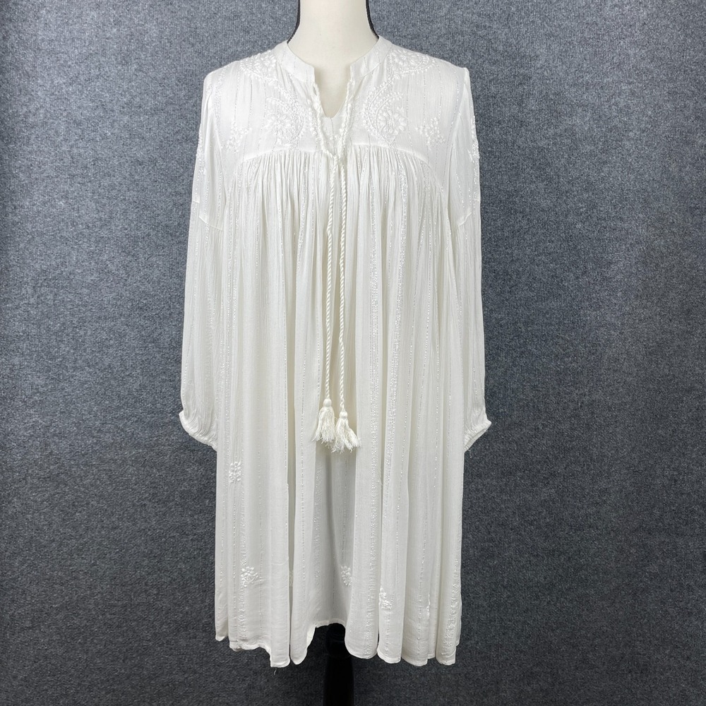 Nyaro Women's Babydoll Dress Medium Off-White Embroidered Tassel Boho Peasant